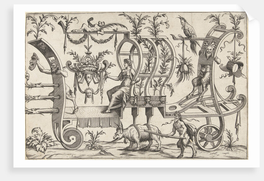 Chariot drawn by a fantasy beast with goat goatee by Cornelis Bos