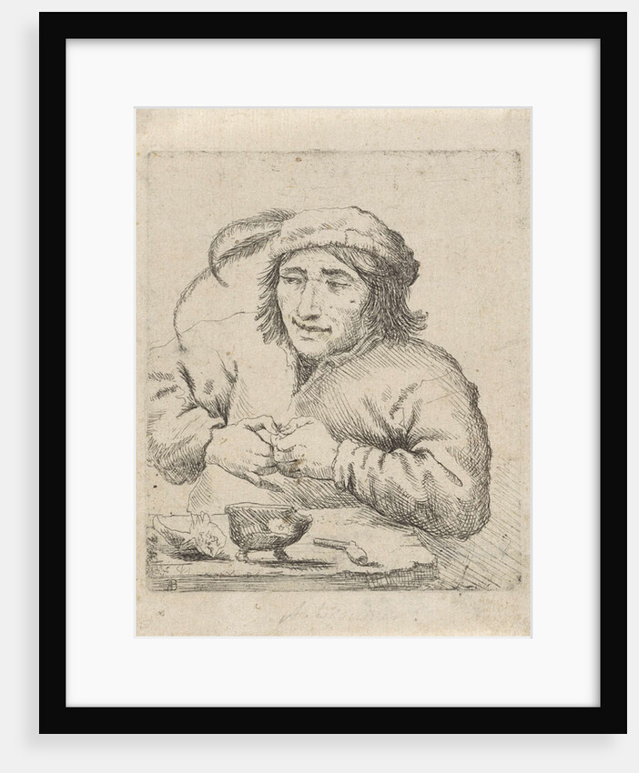 A man wearing a hat with feathers sits at a table, in front of him tobacco and a pipe by Anonymous