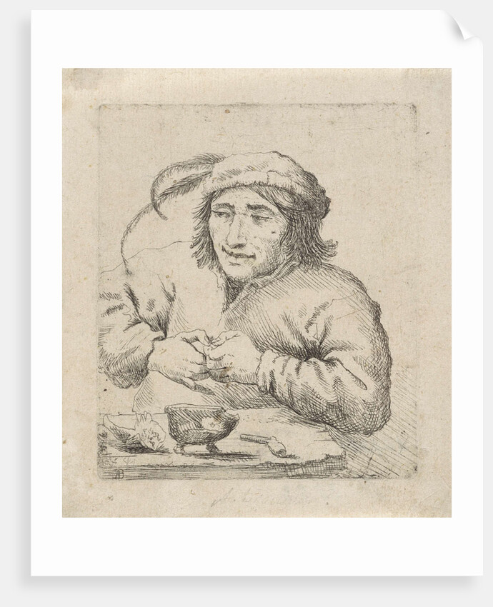 A man wearing a hat with feathers sits at a table, in front of him tobacco and a pipe by Anonymous