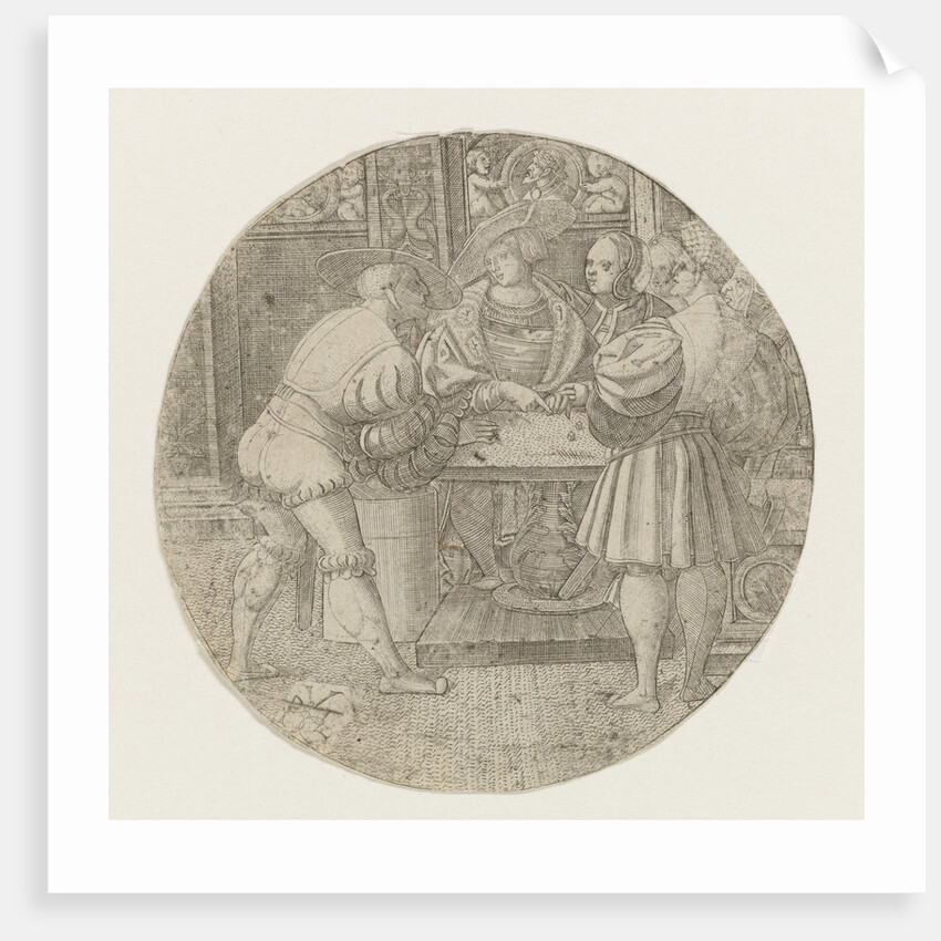 Circular performance with three men around the table with two dice by Monogrammist PVL