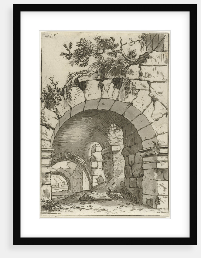 View of the vaults of a ruin, where half a person sitting with a sketch by Hermanus Fock