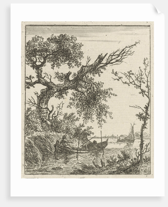 A view on a large overhanging tree and a rowing boat where two men sit by Hermanus Fock