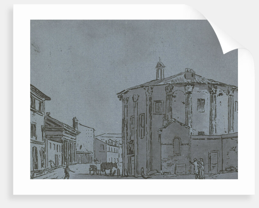 A cityscape with a temple, walking on the street three people, a fourth person is at work next to a horse by Hermanus Fock