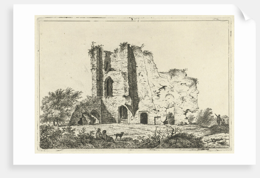View of ruins, in the shadows are a man and a woman with a dog in the grass by Hermanus Fock