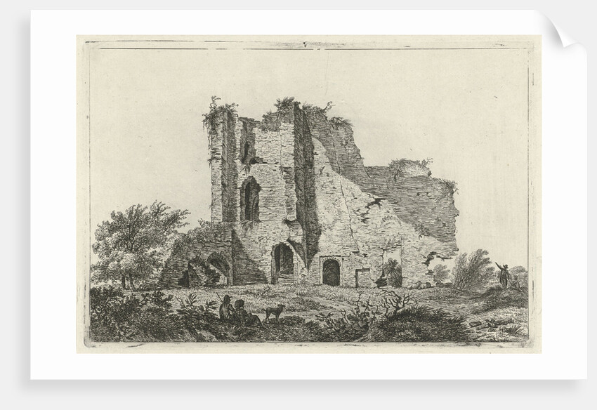 Shepherds with dog in ruin by Hermanus Fock