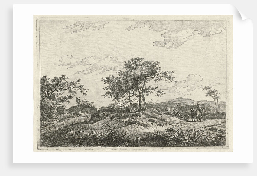A hilly landscape with a tree in the middle party by Hermanus Fock