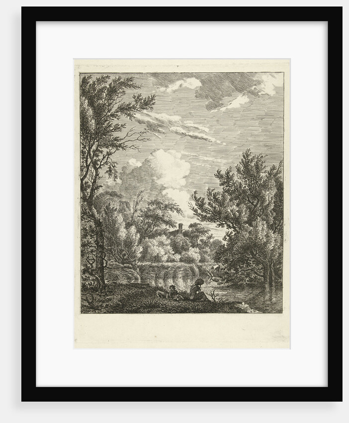 Landscape with woman at waterfront by Hermanus Fock