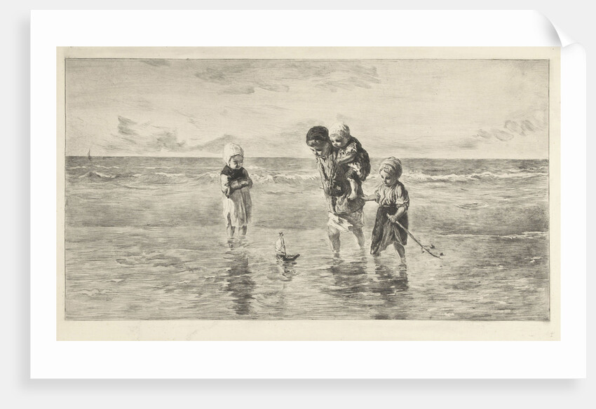 Four children playing with toy boat on the beach in shallow seawater by Jozef Israëls