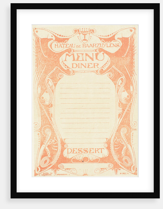 Six copies printed in different colors, signed for dinner at the castle Haarzuijlens by Karel Petrus Cornelis de Bazel