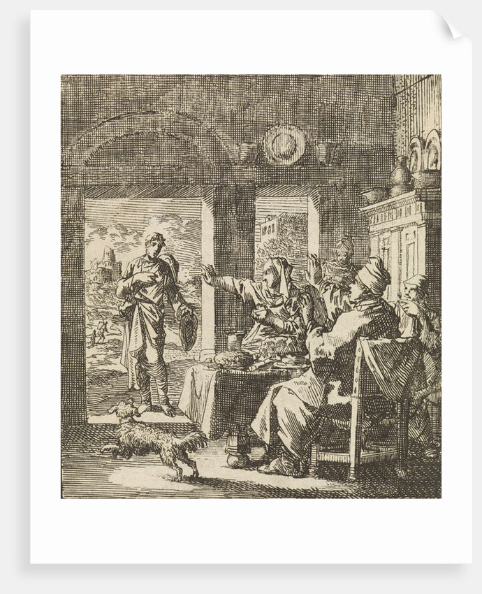 Family makes dismissive gestures to a poor man who asks for help by Cornelis van der Sys II