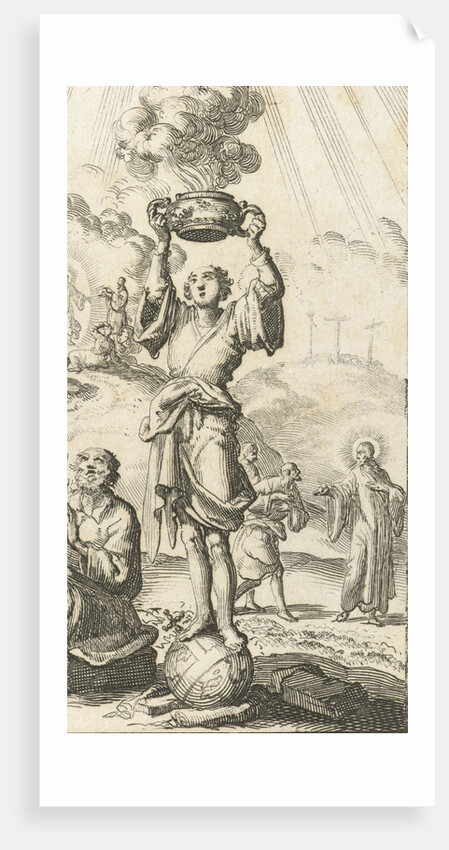 Figure stands on an orb and holds a smoking sacrifice dish in the air by Jurriaen van Poolsum