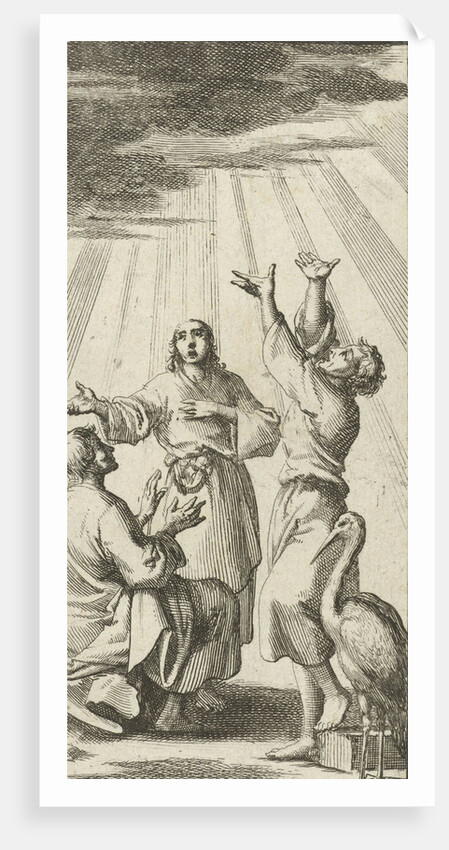 Three figures look up and are illuminated by a beam of heavenly light by Barent Bos