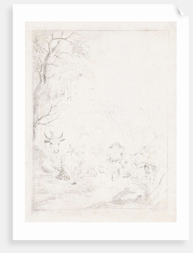 Cows, goats and sheep in a mountainous landscape with ruins by Diederik Jan Singendonck