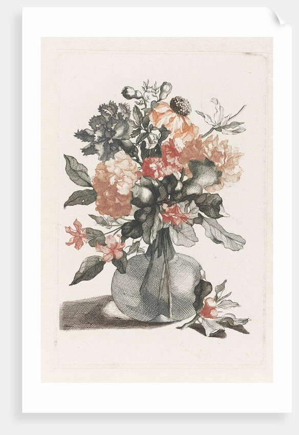 Glass vase with flowers and before the vase a branch with flower by Johan Teyler