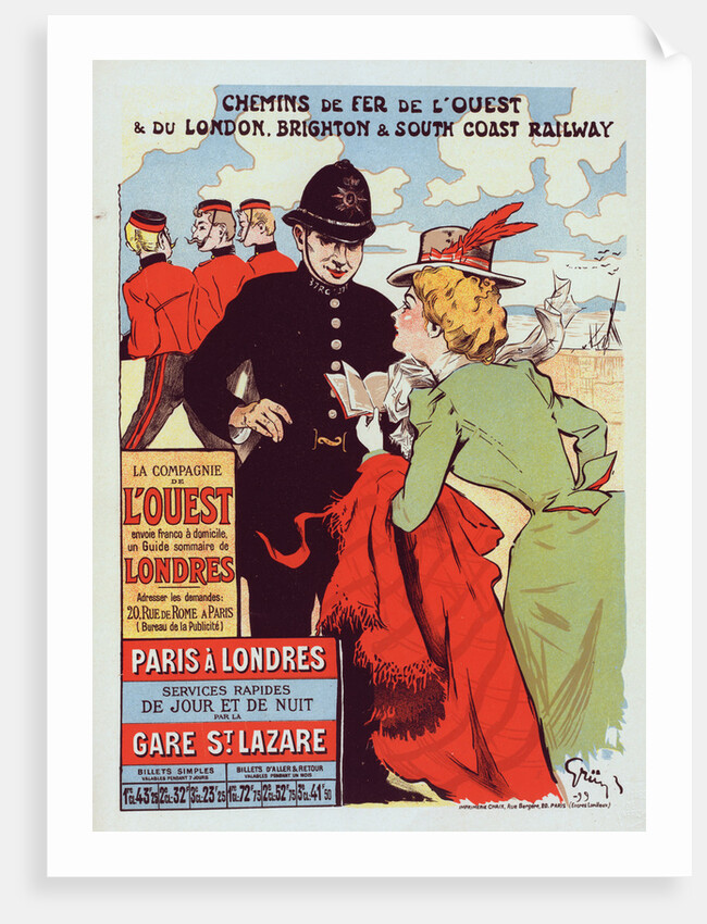 Poster for la Cie de l'Ouest, Paris-Londres, Paris - London. Trains from Paris to London for the compagnie the chemin des fer de l'ouest by Jules-Alexandre Grün