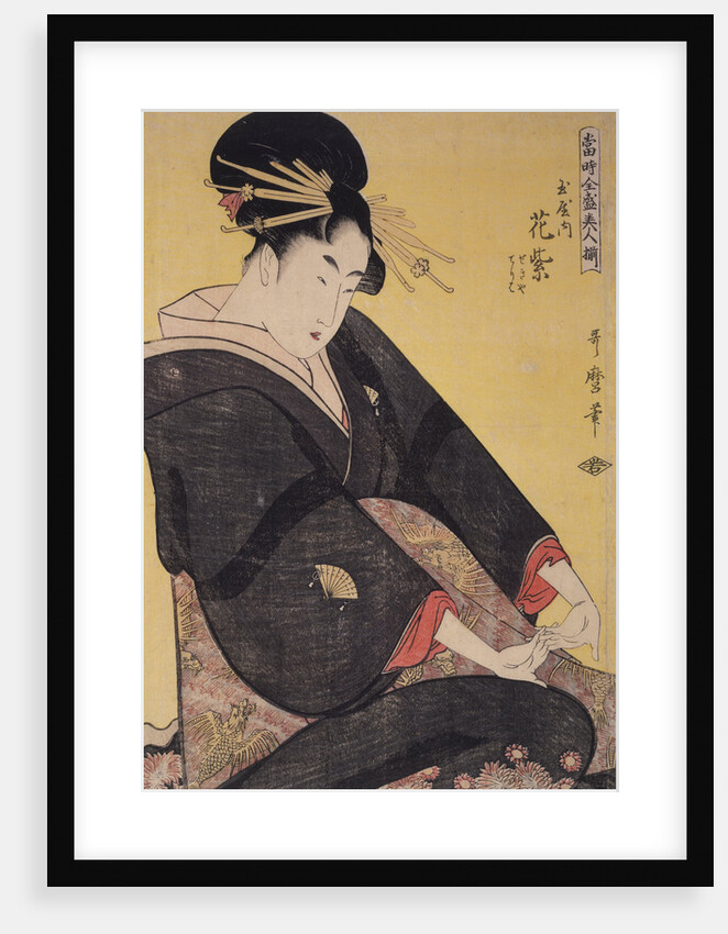 Tamaya uchi Hanamurasaki, Sekiya, Teriha, Hanamurasaki of the Tamaya, kamuro, Sekiya, Teriha by Utamaro Kitagawa