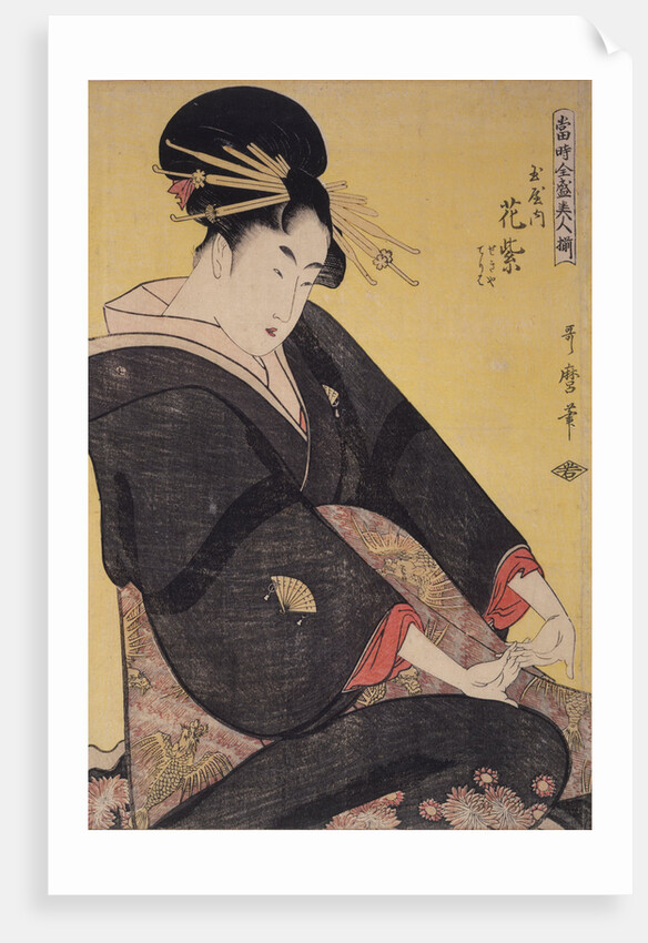 Tamaya uchi Hanamurasaki, Sekiya, Teriha, Hanamurasaki of the Tamaya, kamuro, Sekiya, Teriha by Utamaro Kitagawa