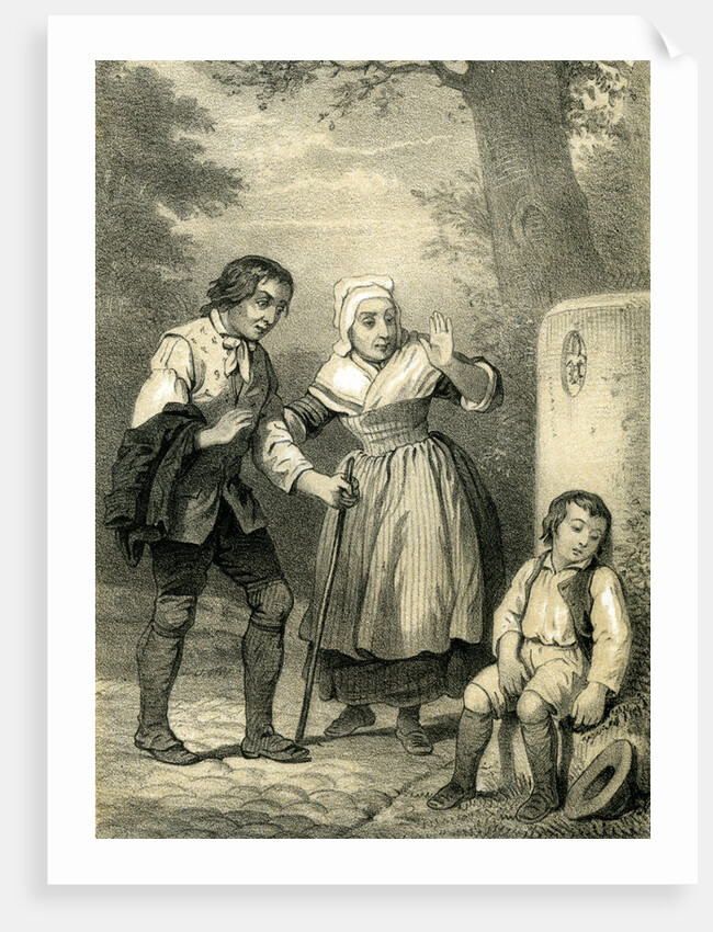 Young Sleeping Child 19th Century Hat Woman Man Walking Stick Country Side Walk by Anonymous