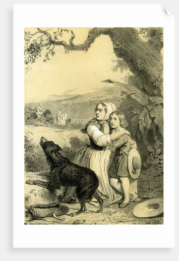 Child Dog 19th Century Woman Hat Country Side Tree Horses by Anonymous