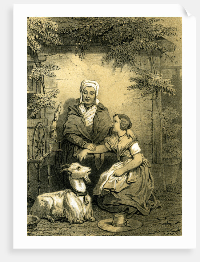 Goat Woman Girl Spinning Wheel 19th Century Hat Garden by Anonymous