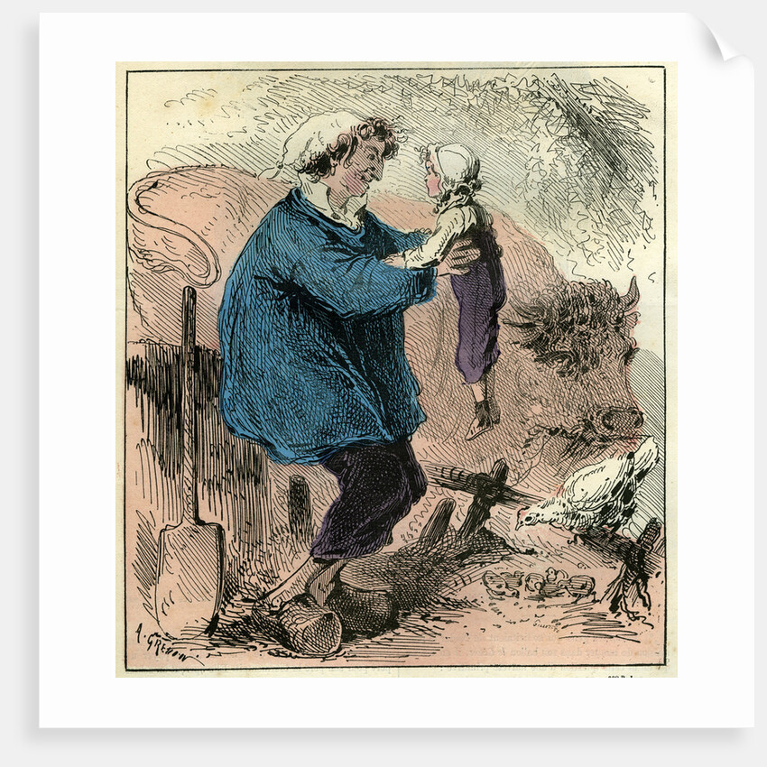 Farmer Child 19th Century Chicken Spade Country Side France by Anonymous
