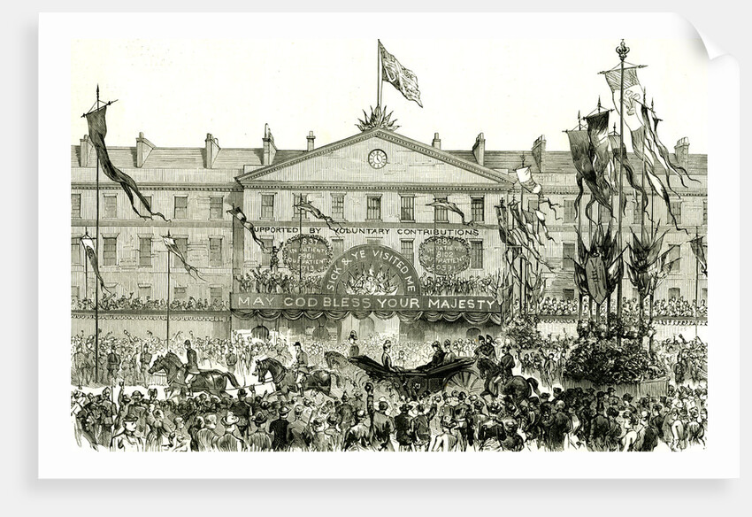 The Royal Procession Passing the London Hospital May God Bless Your Majesty Voluntary Contributions People Horses Flags Events Happy Crowd by Anonymous