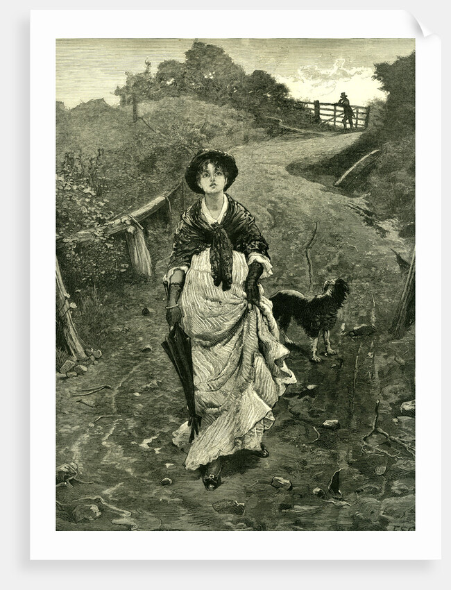 A Tiff 1878 Outdoors Nature Walk Woman Dog Fence Man Country Lane Umbrella Hat by Anonymous