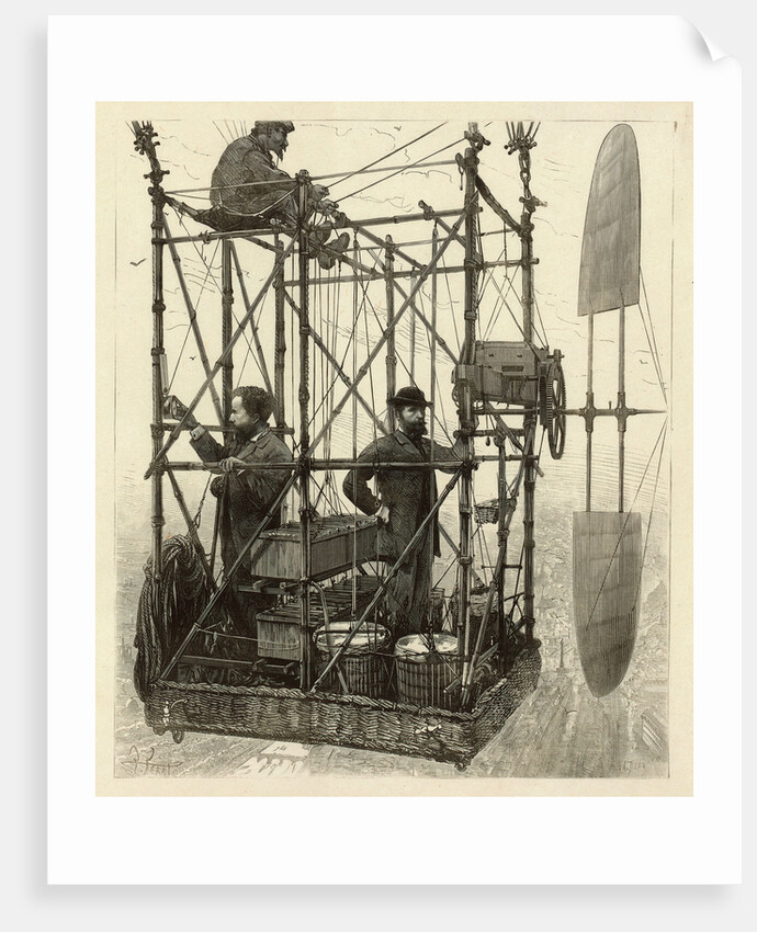 Albert Tissandier, Gaston Tissandier, and an unidentified man in the basket of their airship by P. Ferat