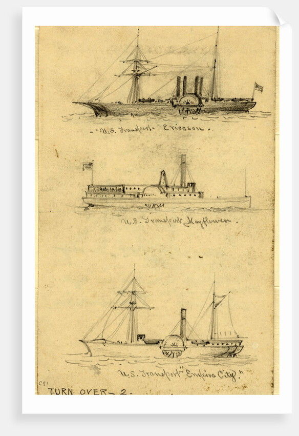 Broadside views of three sidewheel steamships: U.S. Transport Ericcson, U.S. Transport Mayflower, and U.S. Transport Empire City by Alfred R Waud