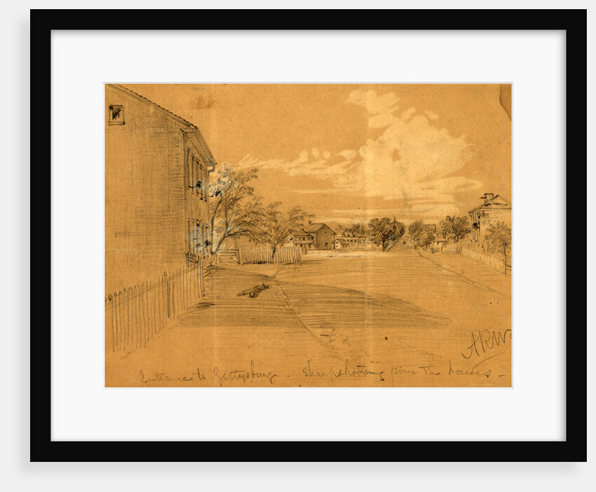 Entrance to Gettysburg, sharpshooting from the houses, 1863 July by Alfred R Waud