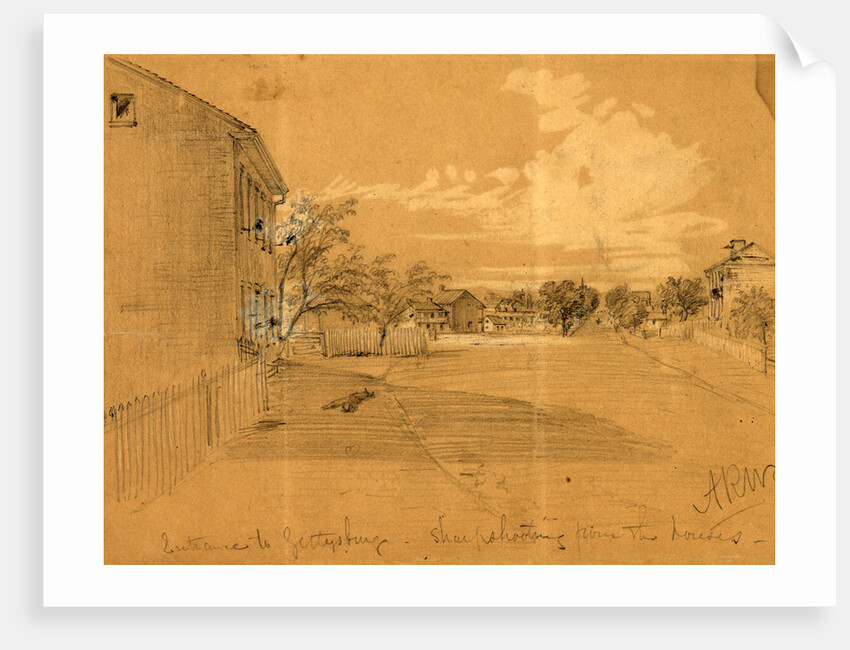 Entrance to Gettysburg, sharpshooting from the houses, 1863 July by Alfred R Waud