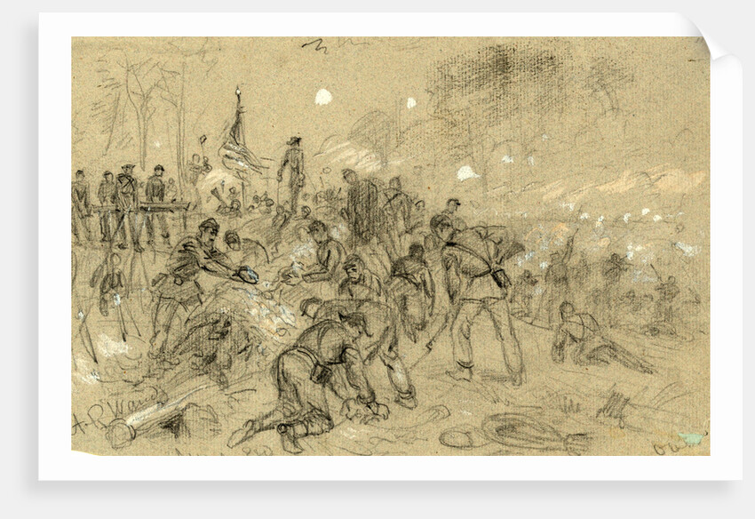 On Hancocks front the soldiers having no picks and shovels used bayonets, tin pans, old canteens, and even their hands in throwing up breastworks ARW, 1864 June, 1862-1865 by Alfred R Waud