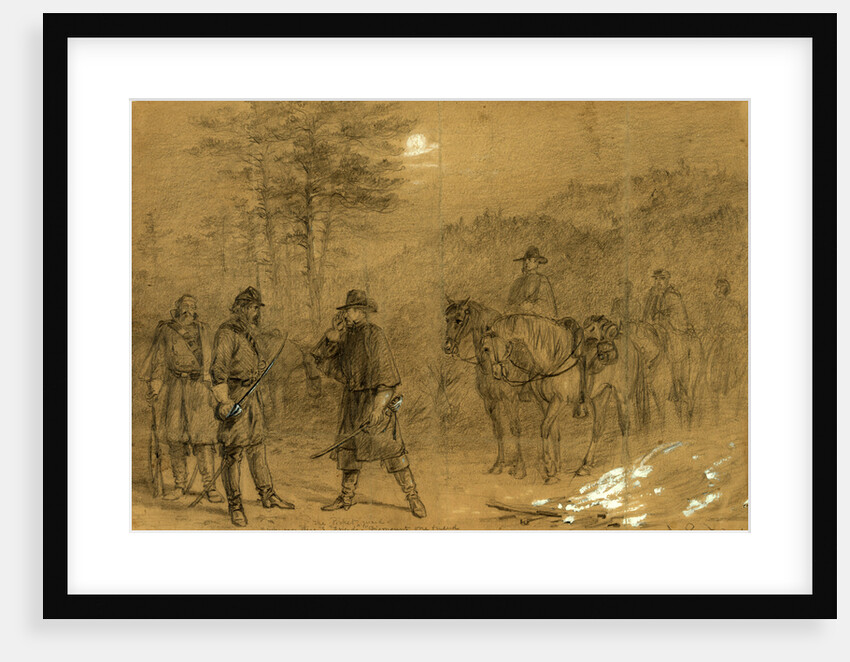 The picket guard. Who goes there Friends, Dismount one friend, advance and give the countersign, 1863 January by Alfred R Waud