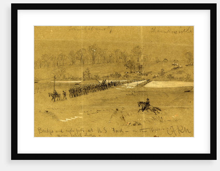 Bridges and rifle pits at U.S. Ford, in the Rappahannock from rebel shore, 1863 between April and May by Alfred R Waud