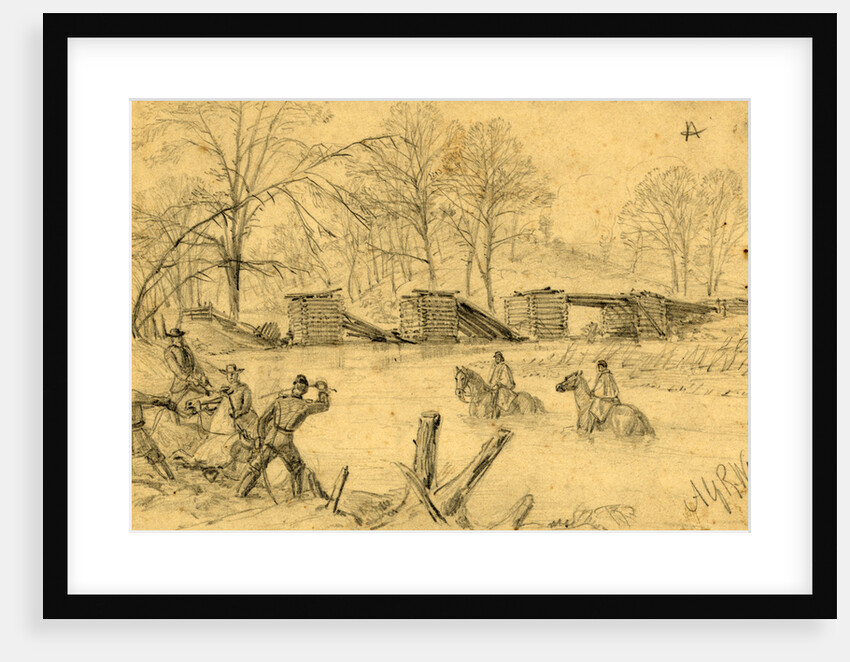 Soldiers on horseback crossing a river near a collapsed bridge by Alfred R Waud
