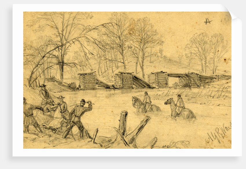 Soldiers on horseback crossing a river near a collapsed bridge by Alfred R Waud