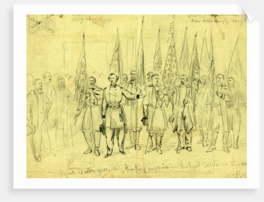 Genl. Custer presenting the flags captured in the last battle in the valley, 1864 October 23 by Alfred R Waud