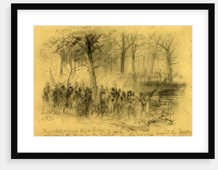 The rebels covered by a ledge of rock repulsing the troops on the right- in the woods beyond the Duncker ch. Antietam, 1862 September 17 by Alfred R Waud