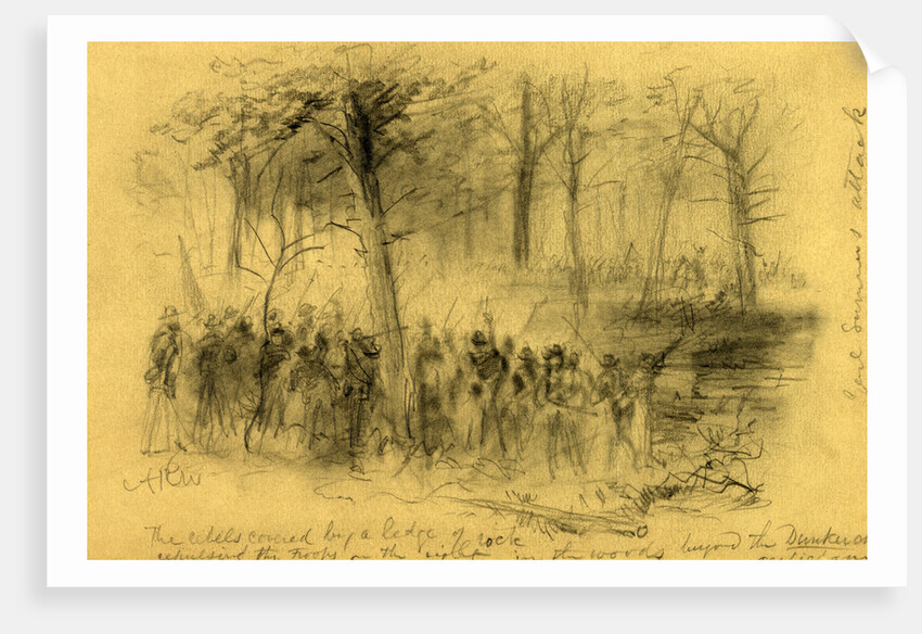 The rebels covered by a ledge of rock repulsing the troops on the right- in the woods beyond the Duncker ch. Antietam, 1862 September 17 by Alfred R Waud