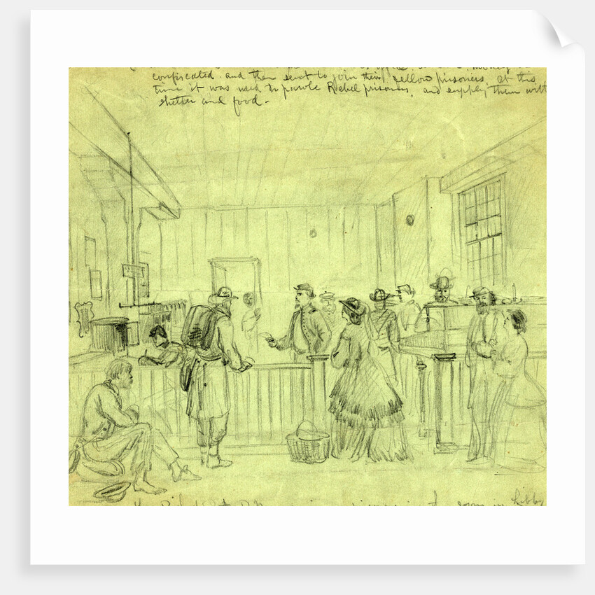 Lt. Bishop A.P.M. receiving prisoners in the room in Libby where our soldiers used to be robbed by the chivalry, 1865 by Alfred R Waud