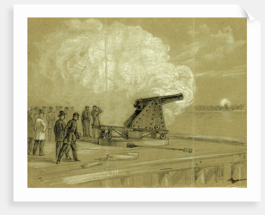 Scene on the dock at the Rip Raps. Testing the Sawyer gun and projectile, a shell bursting on the rebel batteries at Sewells Point, 1861 by Alfred R Waud