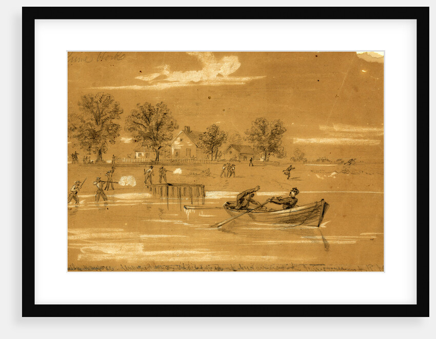 Guerilla warfare. Unarmed Union soldiers fired at by farmers on the James River, 1862 ca. July 8 by Alfred R Waud