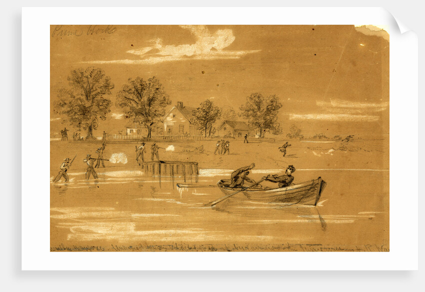 Guerilla warfare. Unarmed Union soldiers fired at by farmers on the James River, 1862 ca. July 8 by Alfred R Waud