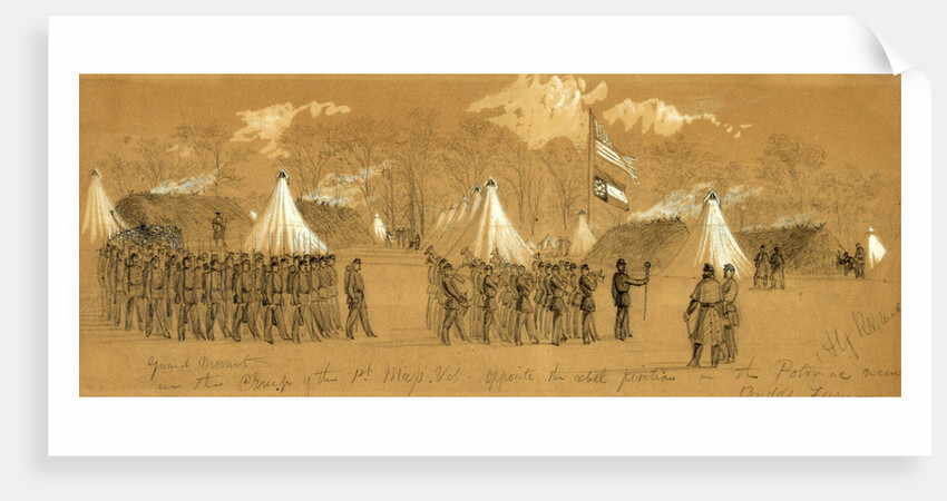 Guard Mount in the Camp of the 1st Mass. Vol. Opposite the rebel position on the Potomac near Budds Ferry by Alfred R Waud