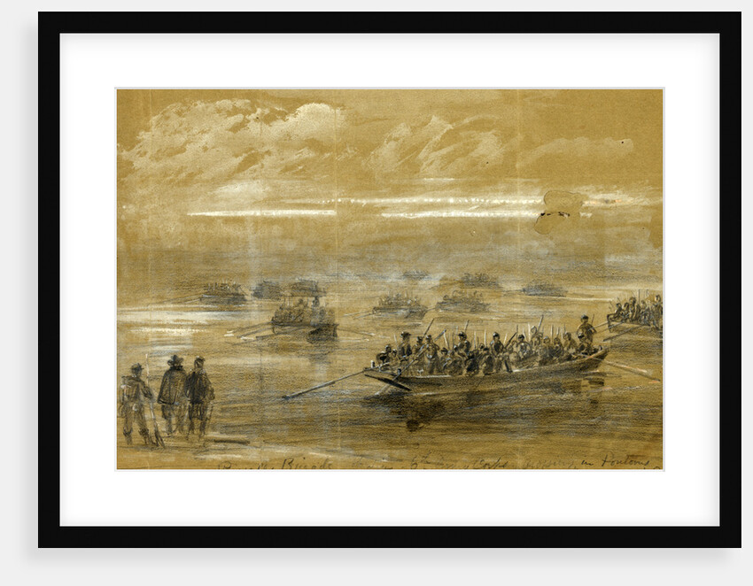 Russells Brigade, 1st div. 6th Army Corps, crossing in Pontoons to storm the enemies rifle pits on the Rappahannock by Alfred R Waud