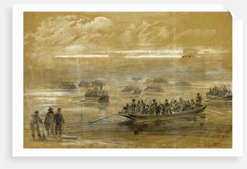 Russells Brigade, 1st div. 6th Army Corps, crossing in Pontoons to storm the enemies rifle pits on the Rappahannock by Alfred R Waud