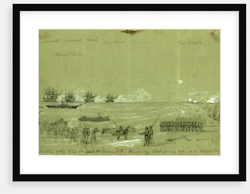 Capture of the Forts at Cape Hatteras inlet-First day, fleet opening fire and troops landing in the surf by Alfred R Waud