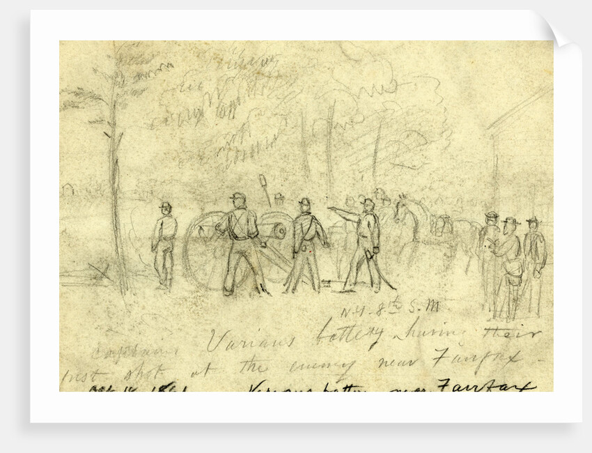 Captain Varians battery N.Y. 8th S.M. having their first shot at the enemy near Fairfax by Alfred R Waud