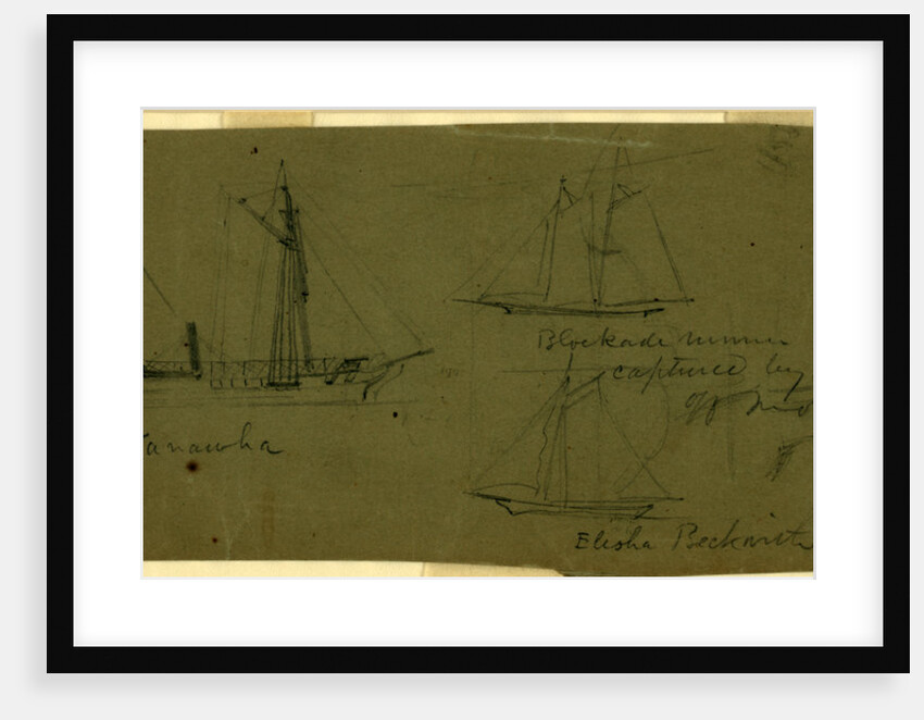 Broadside views of three ships, Kanawha Blockade runner Joe Flanner, captured by Pembina 1863 off Mobile; and Elias Beckwith by Alfred R Waud
