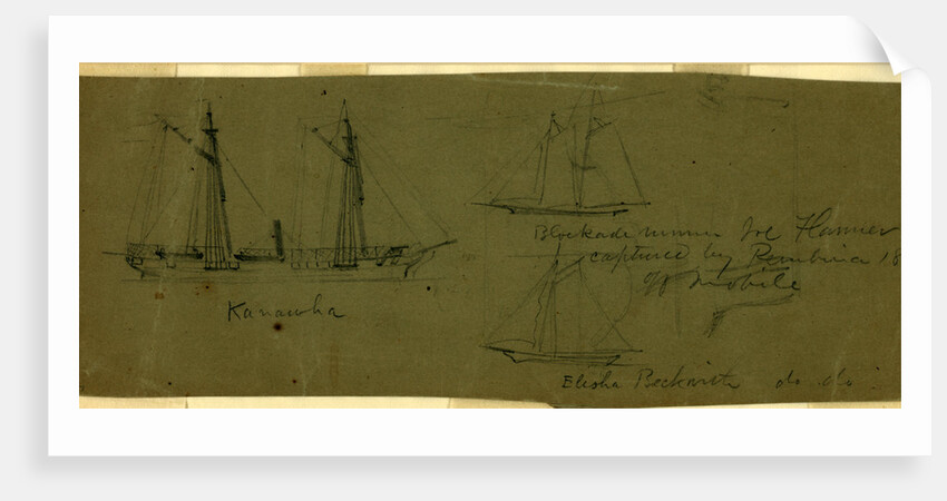 Broadside views of three ships, Kanawha Blockade runner Joe Flanner, captured by Pembina 1863 off Mobile; and Elias Beckwith by Alfred R Waud